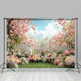 Aperturee - Aperturee Pink Garden Trees Fence Eggs Bunny Easter Backdrop
